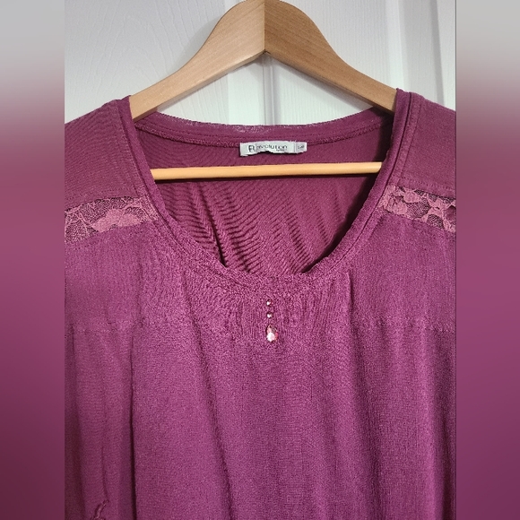 REVOLUTION Embroidered Tunic Blouse w/ Ruched Long Sleeves (Dark Fuchsia) - Picture 6 of 10